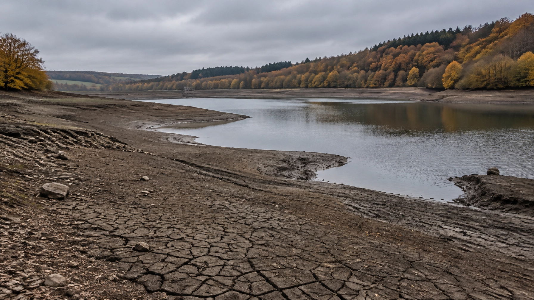 A reservoir with exposed banks and noticeably low water levels during dry conditions