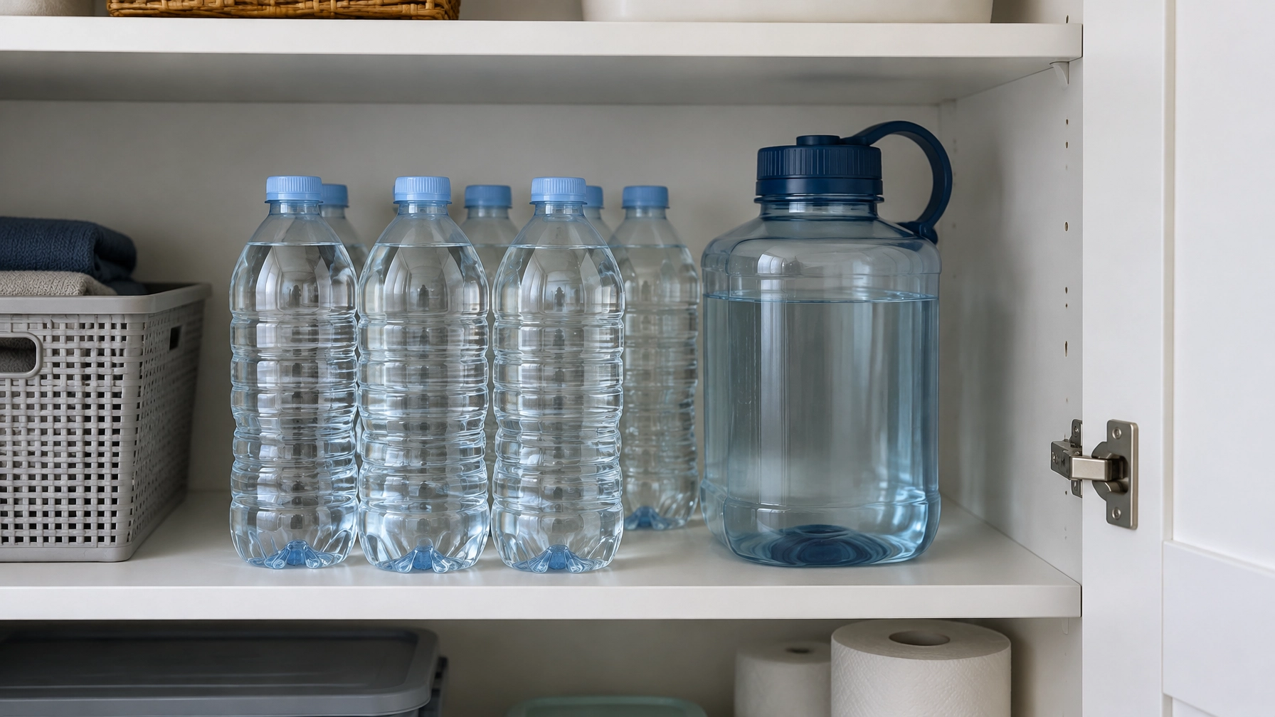 A modest supply of sealed bottled water and a food-grade water container stored in a household cupboard