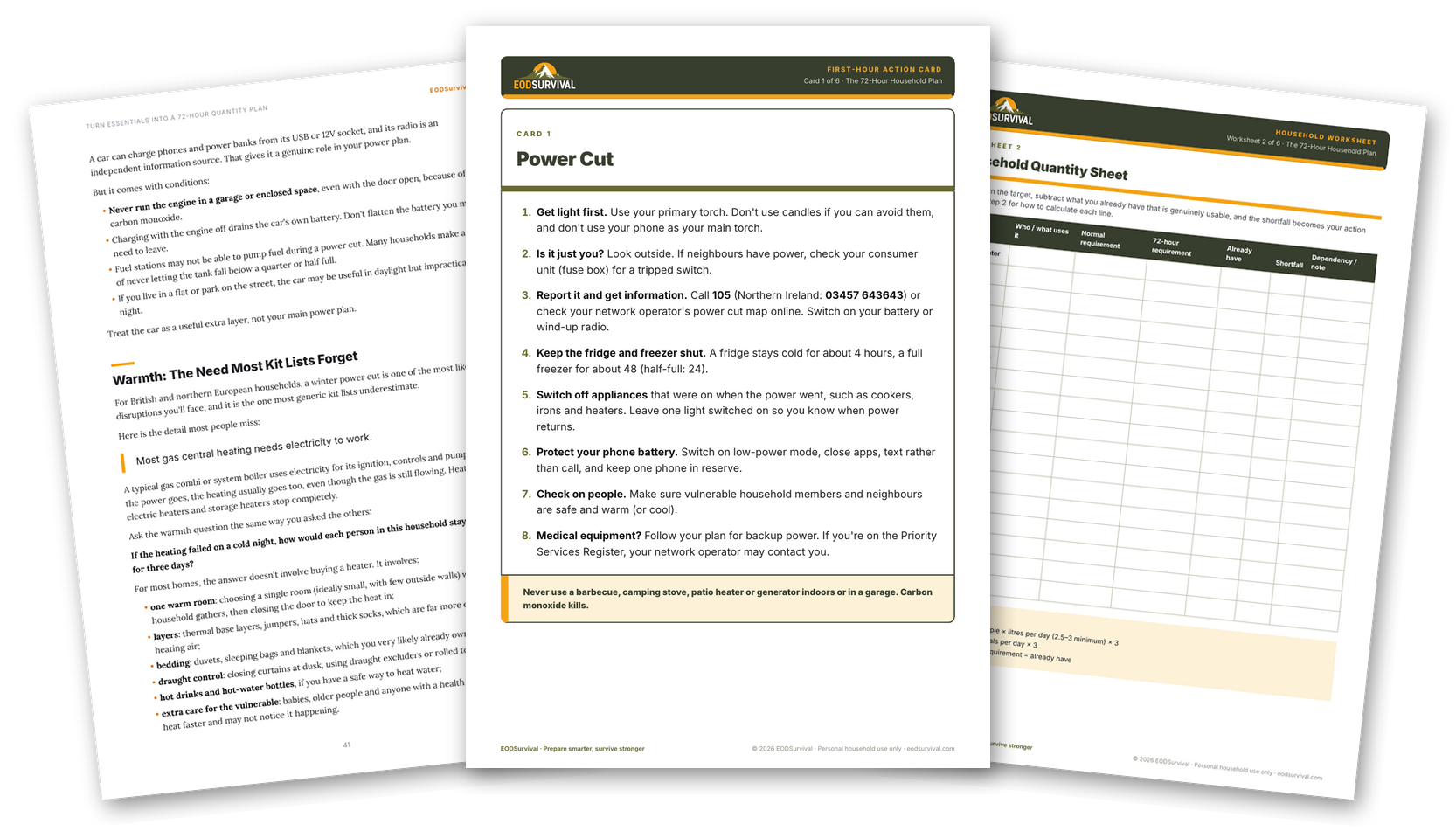 Real pages from the plan, including worksheets and emergency action cards