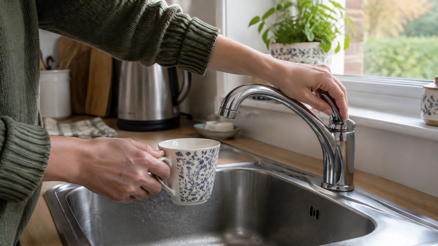 A person turning off a tap after rinsing a mug in an ordinary UK kitchen