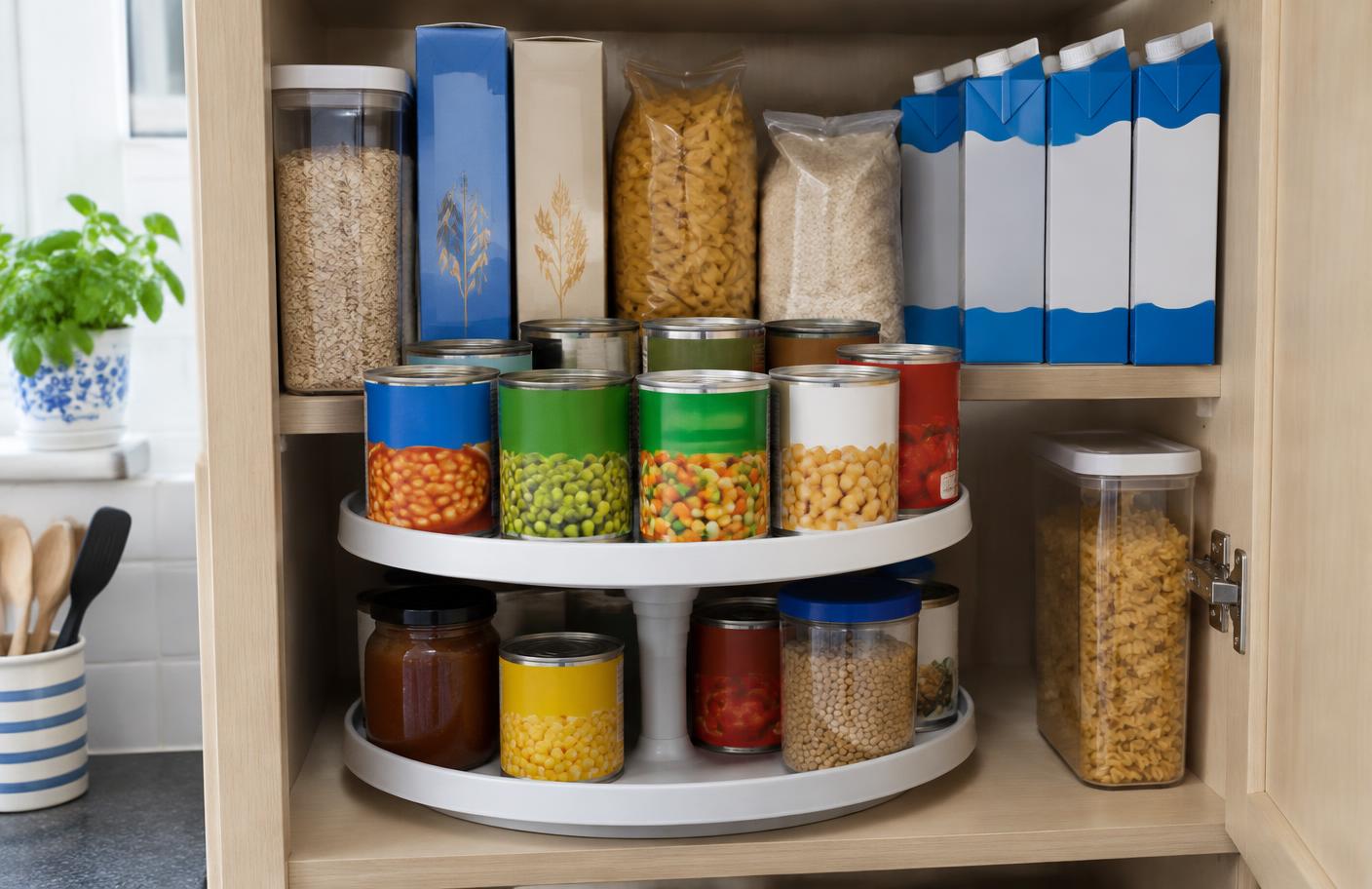 Everyday store-cupboard items on a normal, well-stocked supermarket shelf