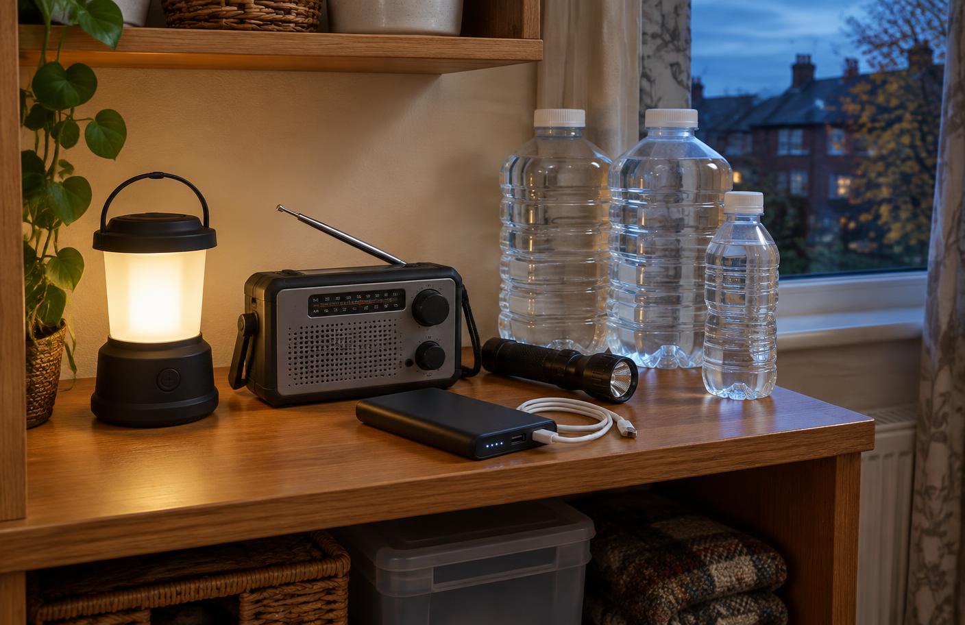 Lantern, wind-up radio, torch and water containers on a household shelf