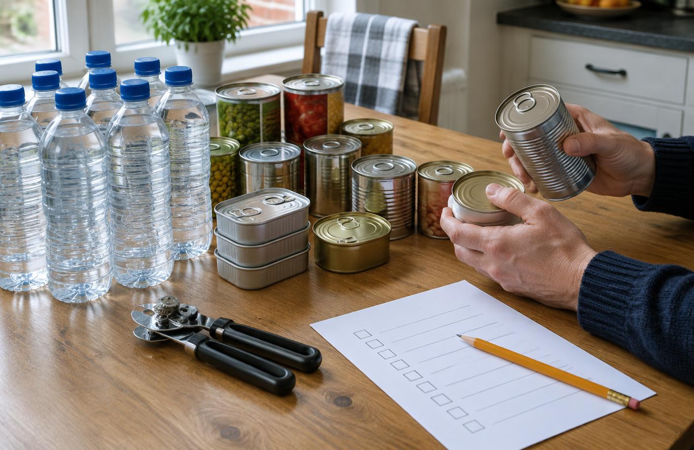 Household food and water being counted against a simple paper stock-check list