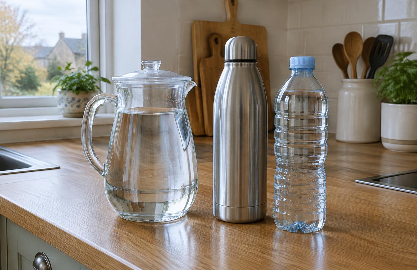 Clean covered jug, insulated flask and sealed bottled water on a kitchen worktop