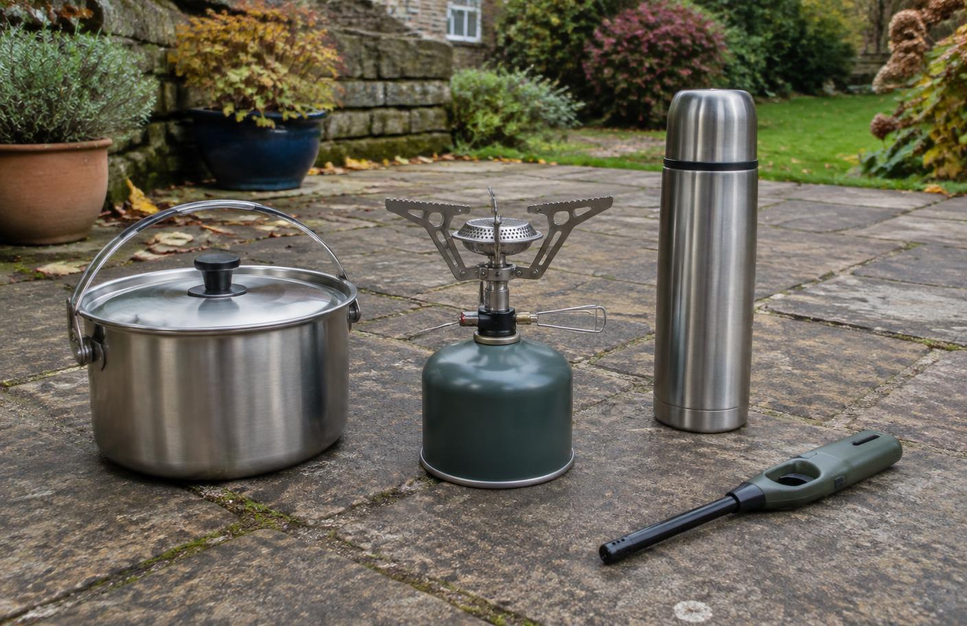 Unlit gas camping stove, pot, flask and long lighter on an outdoor stone patio