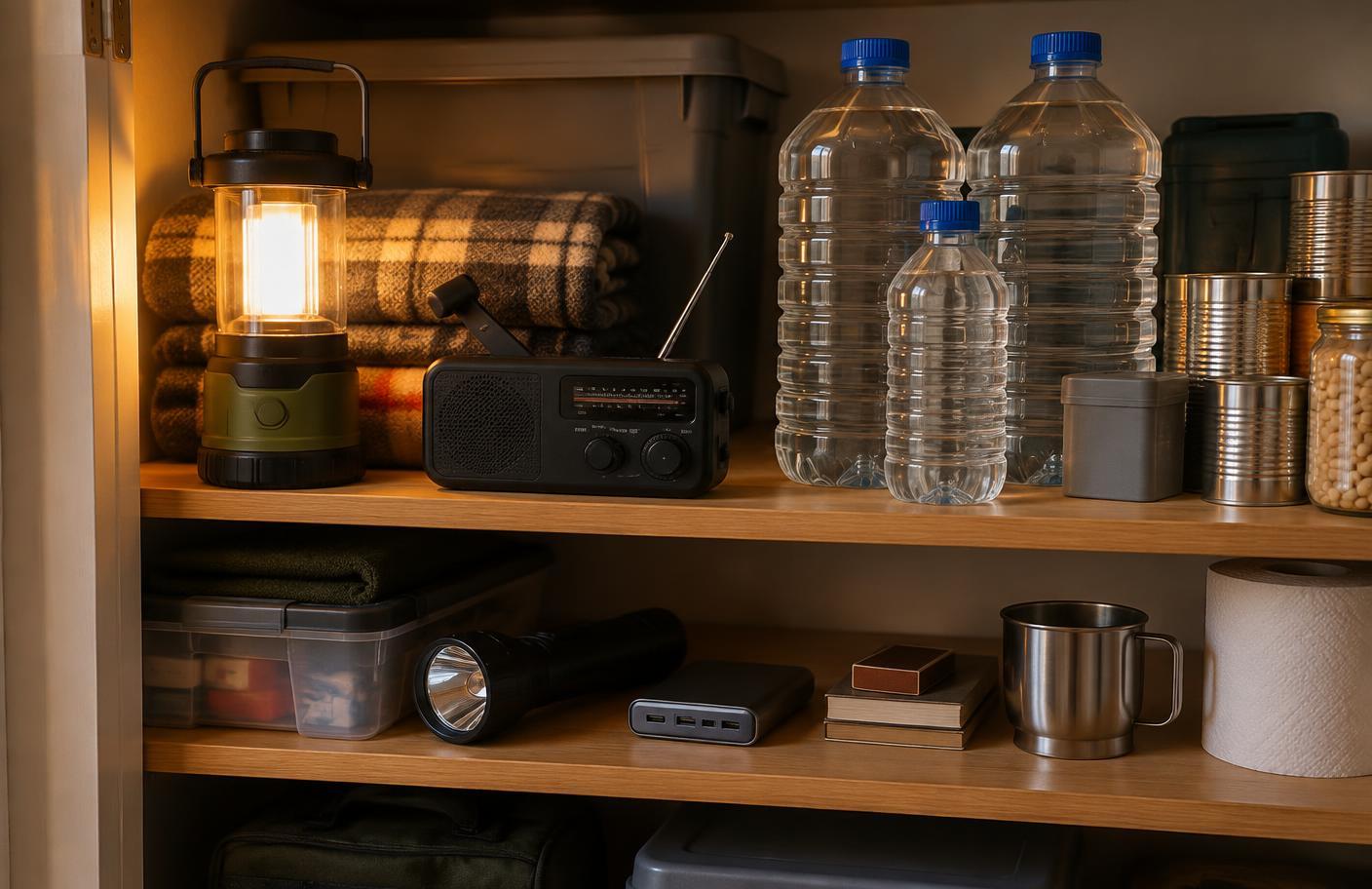 Practical household emergency shelf with lantern, wind-up radio, water, torch and power bank