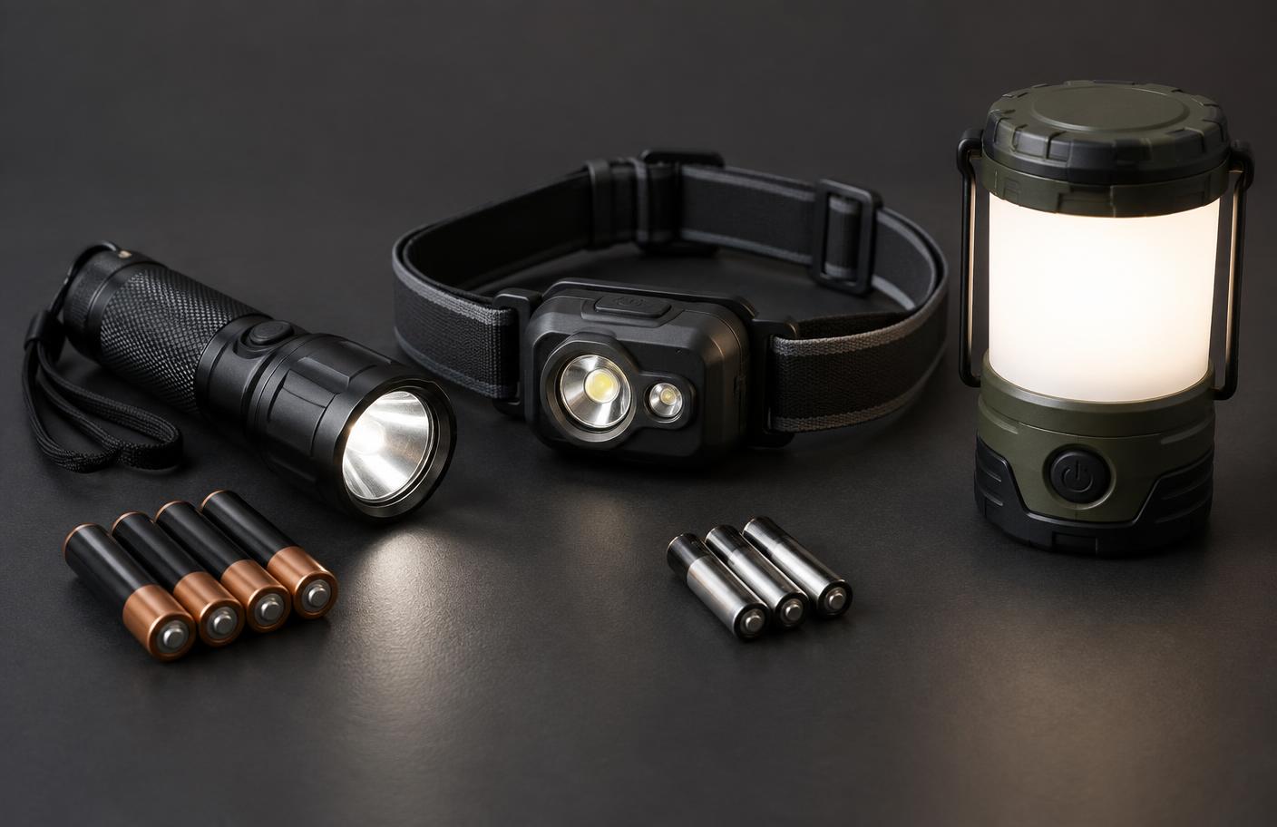 Handheld torch, head torch, lantern and spare batteries arranged for comparison