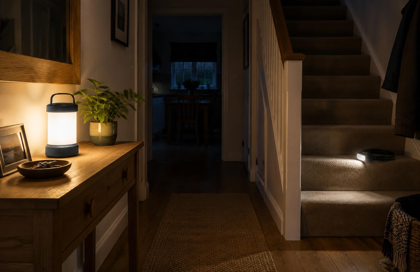 LED lantern and head torch lighting a UK hallway and stairs during a power cut
