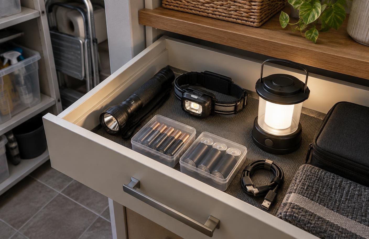 Emergency torches, head torch, lantern and spare batteries stored in an accessible drawer