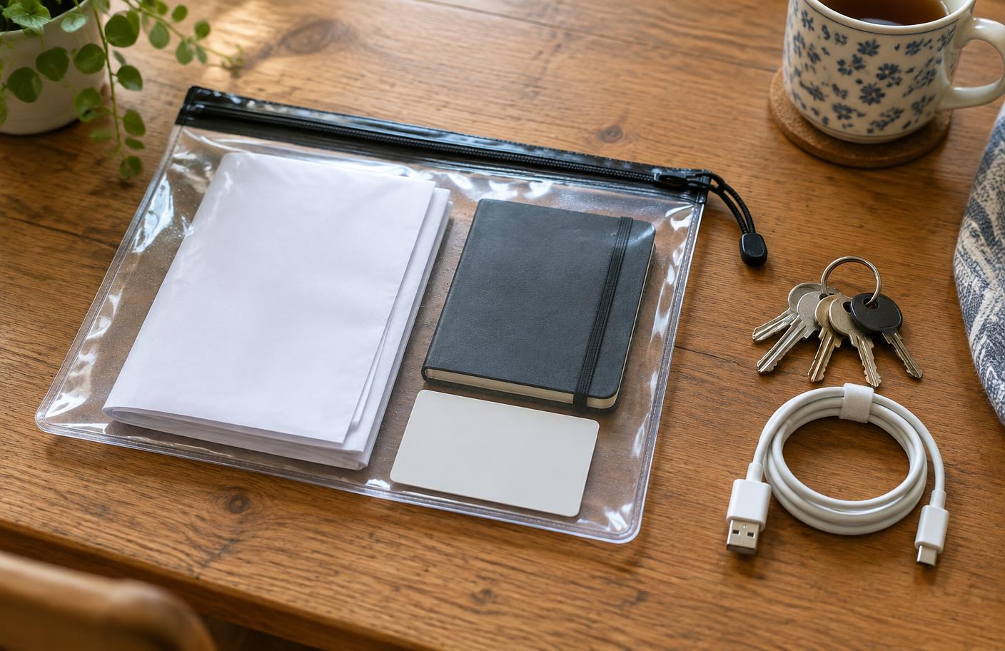 A waterproof wallet with papers, a plain document holder and an unbranded bank card on a wooden surface