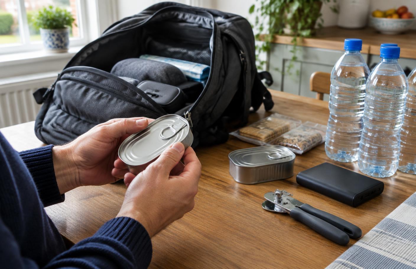 Hands checking a tin of food before placing it back into a household rucksack