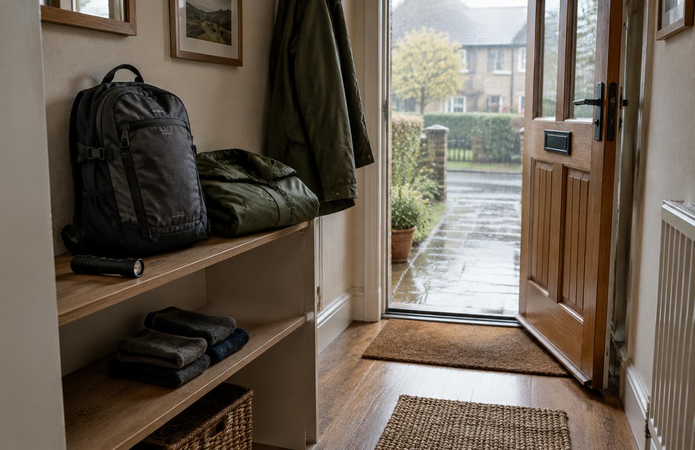 A rucksack and folded waterproof coats stored neatly on a shelf near a home exit