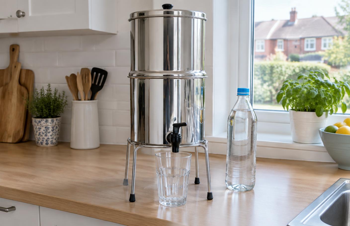 Generic gravity water filter on a British kitchen worktop
