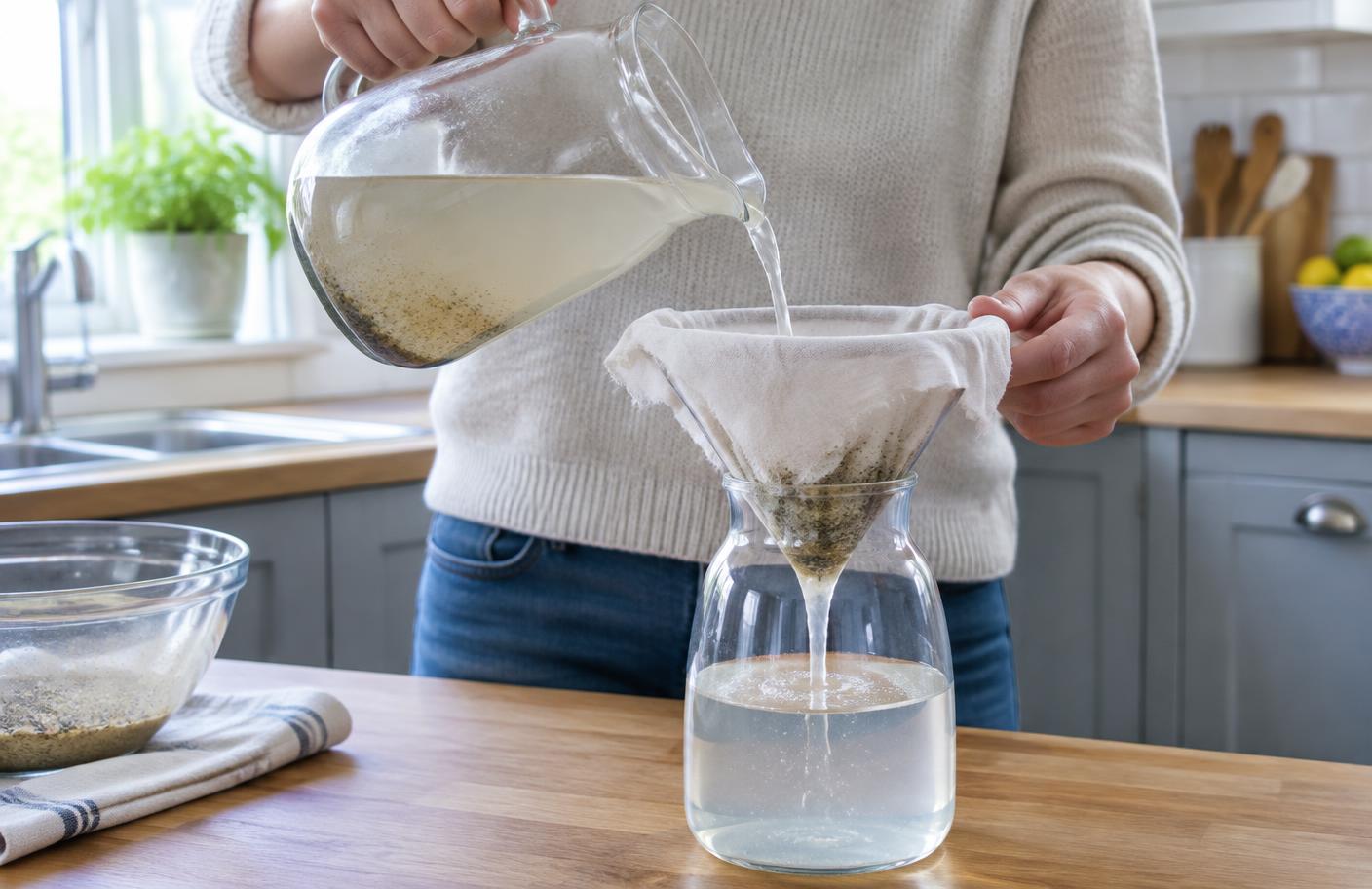 Hands pre-filtering cloudy water through cloth into a container