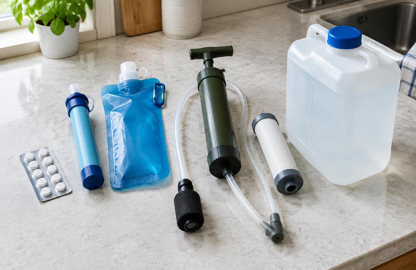 Water purification tablets, filter bottle, pump filter and spare cartridges on dark wood