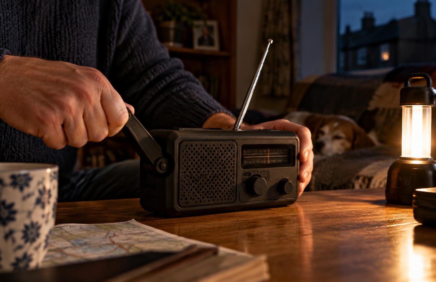 Hand turning the crank on an emergency radio during a power cut