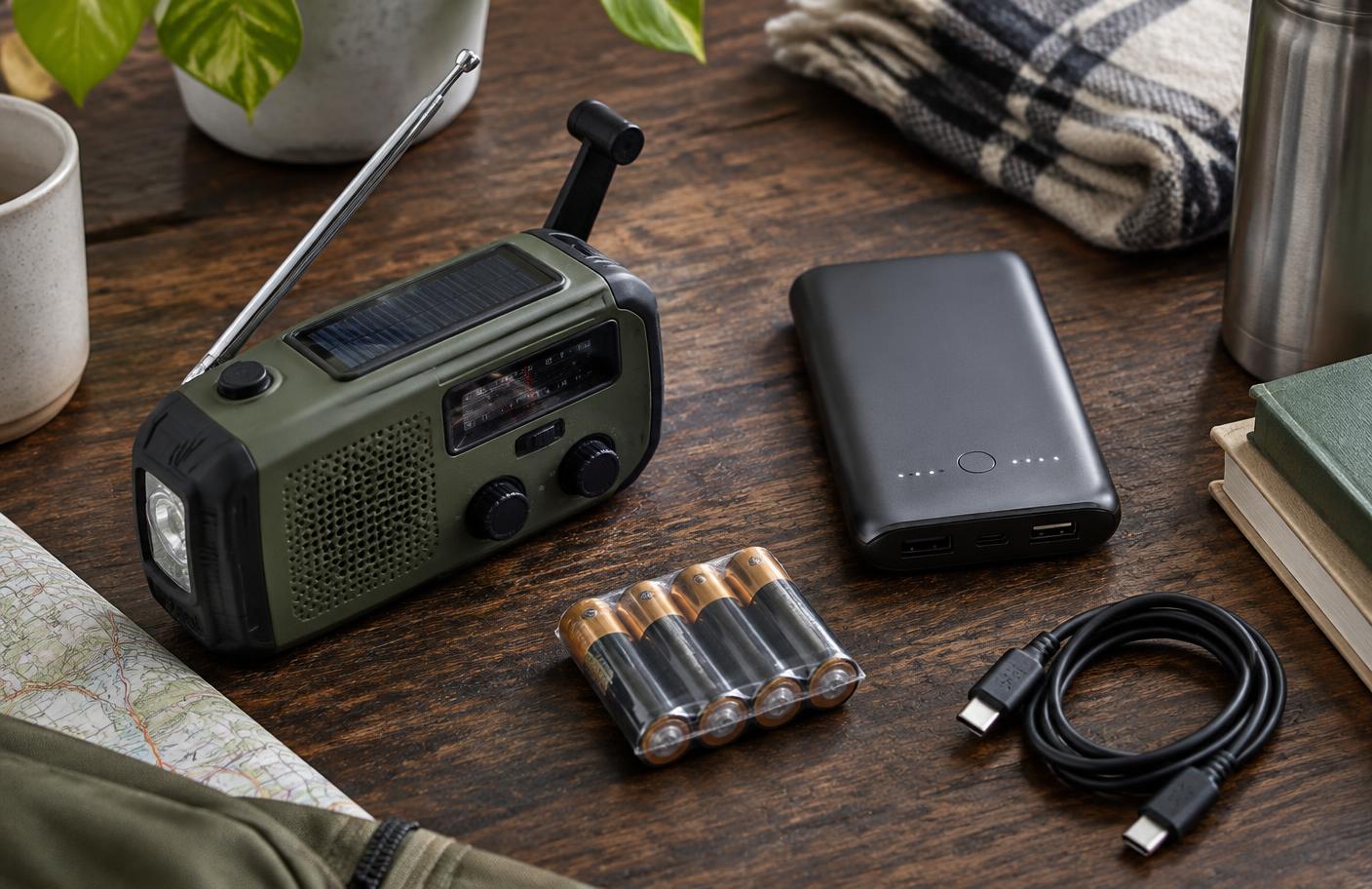 Emergency radio, power bank, AA batteries and USB cable laid out on a dark wooden surface