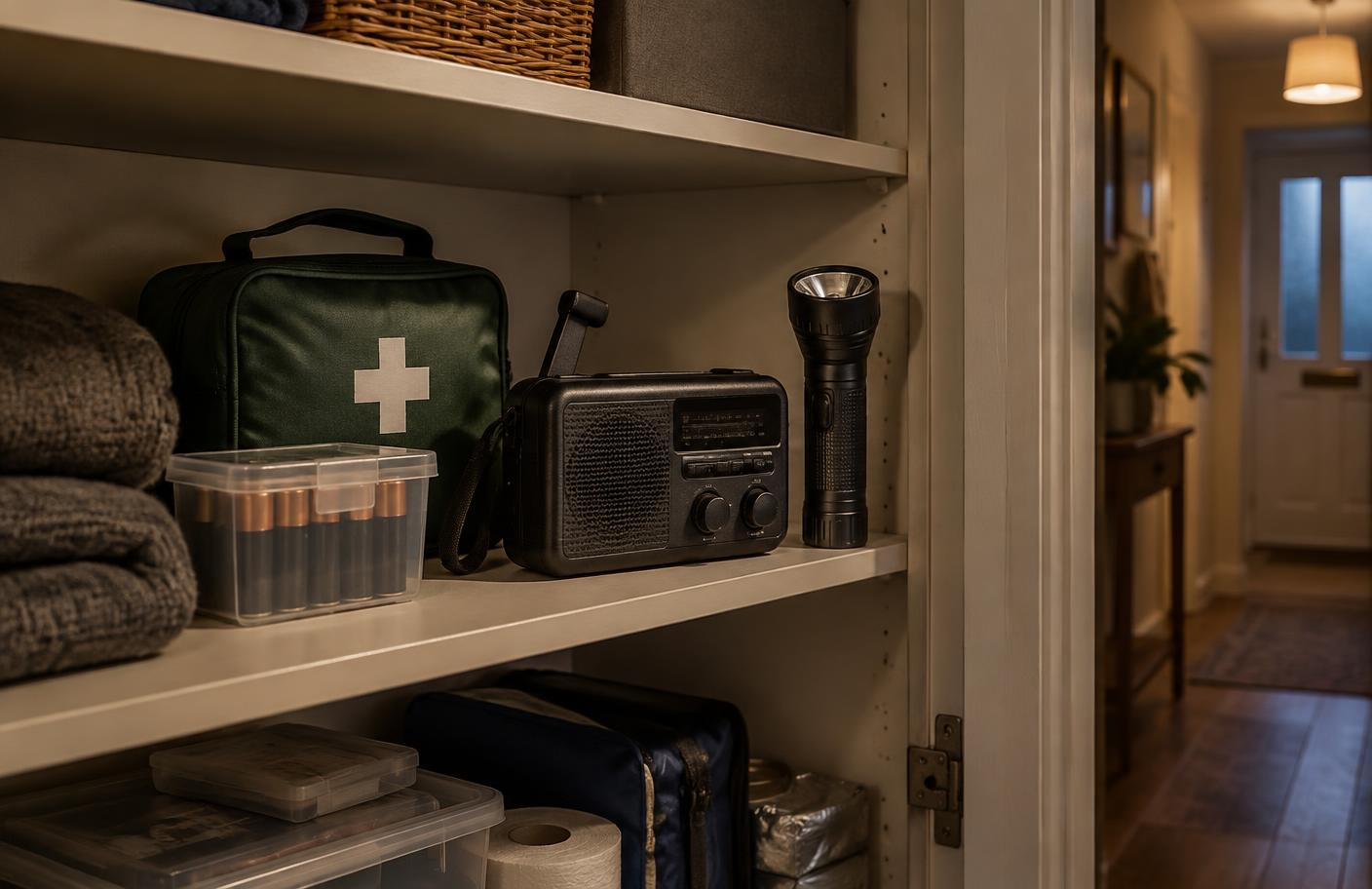 Emergency radio, torch and spare batteries stored together on an easy-to-reach shelf