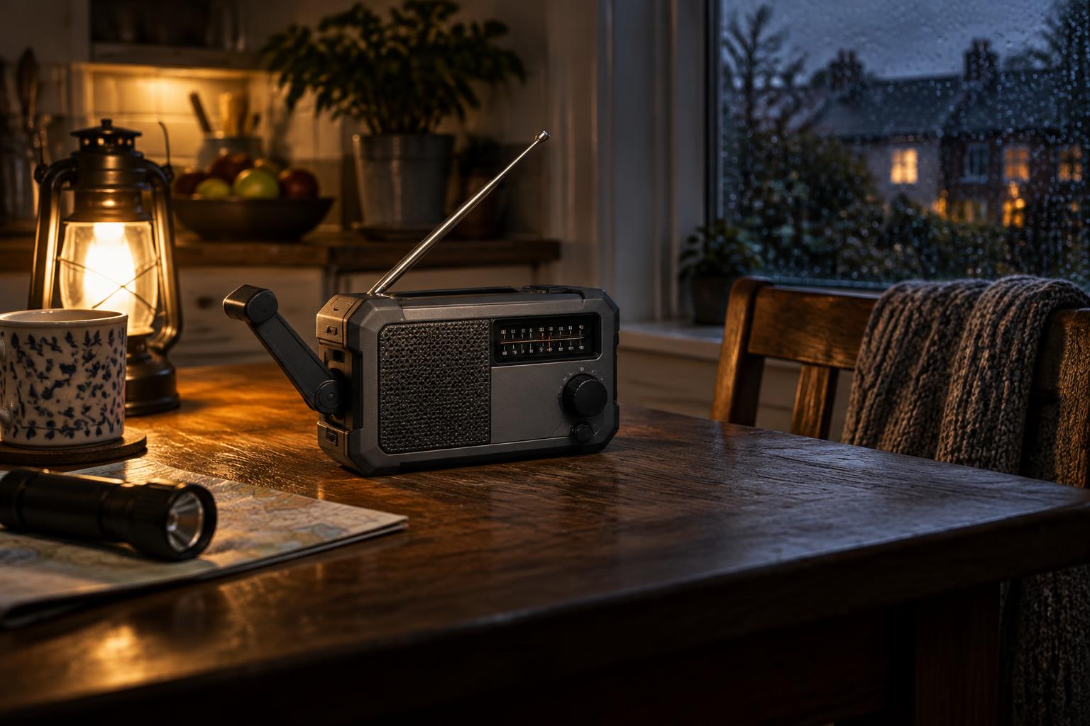 Emergency wind-up radio on a table in a UK home during a power cut